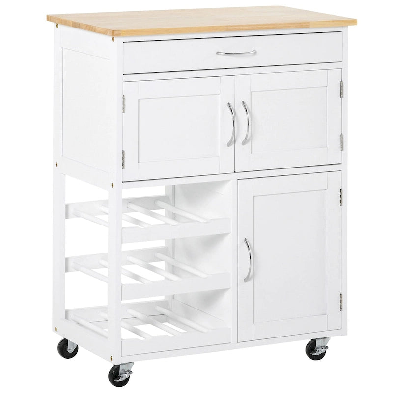Carro de cocina rodante de madera blanca con cajón y botellero