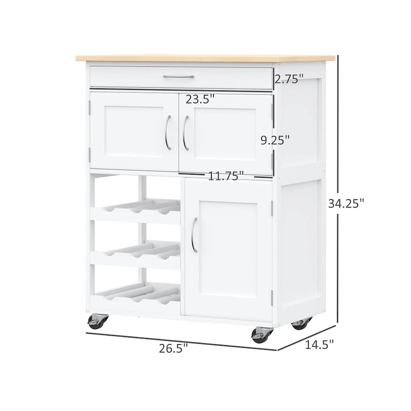 Carro de cocina rodante de madera blanca con cajón y botellero