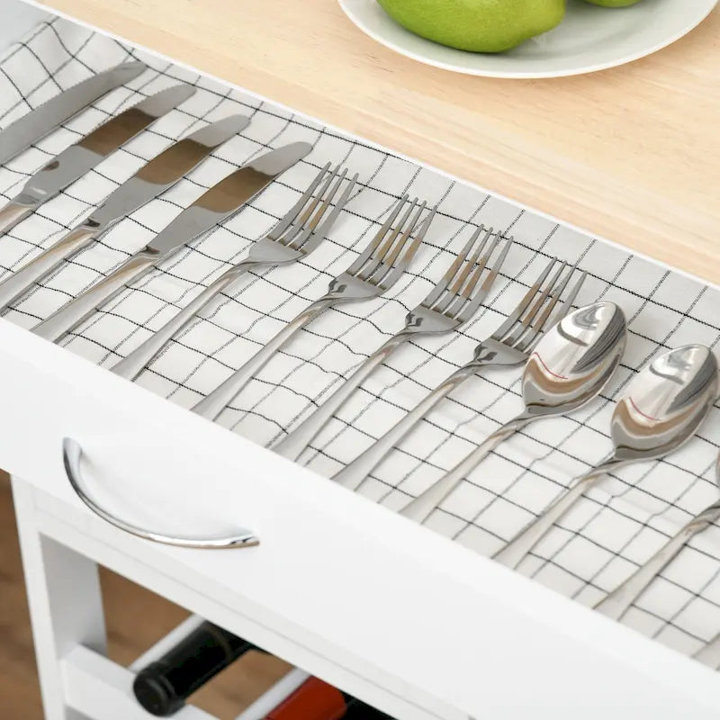 Carro de cocina rodante de madera blanca con cajón y botellero