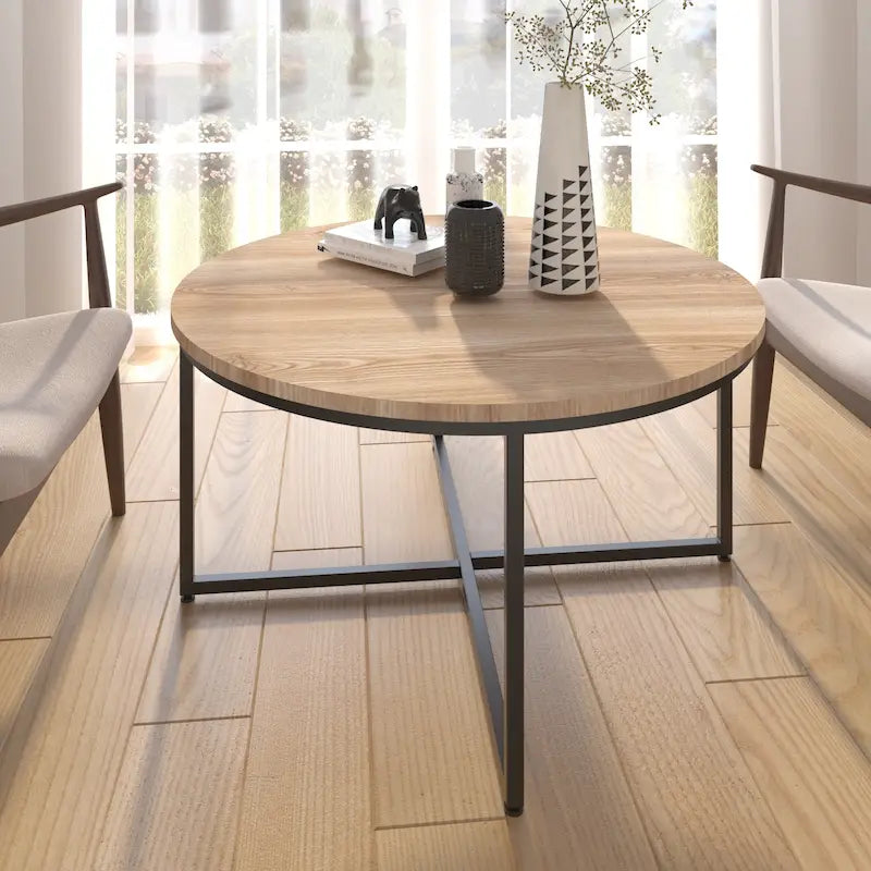 Mesa de centro redonda marrón/natural, metal y madera, 1 persona