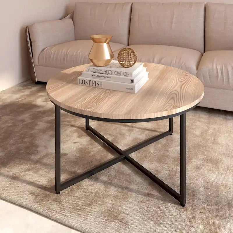 Mesa de centro redonda marrón/natural, metal y madera, 1 persona