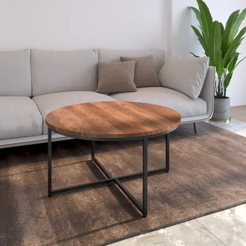 Mesa de centro redonda marrón/natural, metal y madera, 1 persona