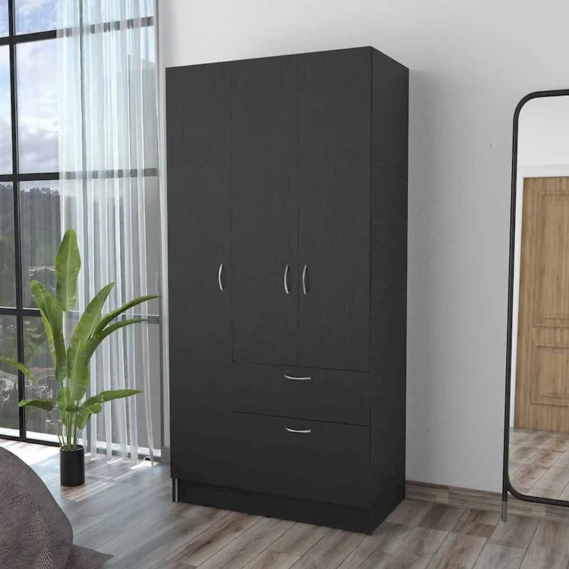 Armario de 2 puertas blanco/negro con estantes y cajón – 1 persona