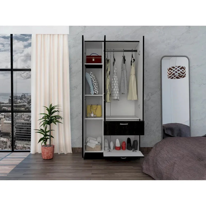 Armario de 2 puertas blanco/negro con estantes y cajón – 1 persona