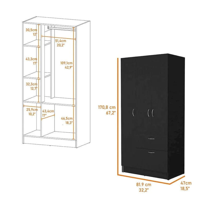 Armario de 2 puertas blanco/negro con estantes y cajón – 1 persona
