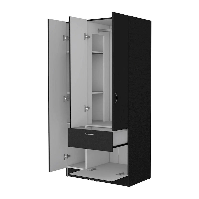 Armario de 2 puertas blanco/negro con estantes y cajón – 1 persona