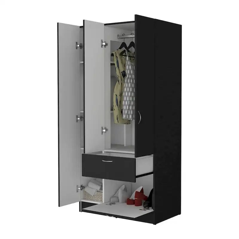 Armario de 2 puertas blanco/negro con estantes y cajón – 1 persona
