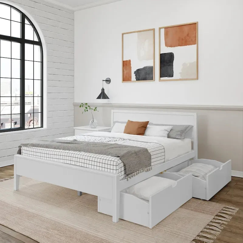 Cama de matrimonio blanca/arcilla con cabecero de paneles y cajones de almacenamiento, para 2 personas