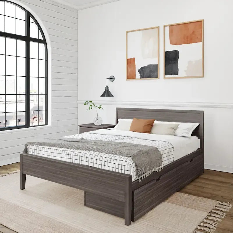 Cama de matrimonio blanca/arcilla con cabecero de paneles y cajones de almacenamiento, para 2 personas