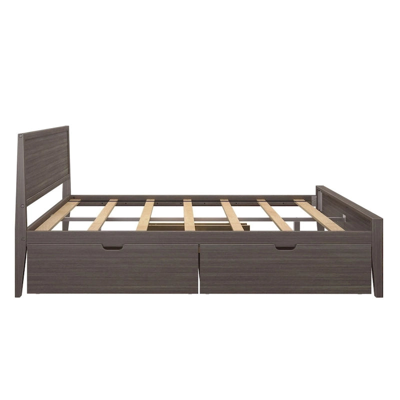 Cama de matrimonio blanca/arcilla con cabecero de paneles y cajones de almacenamiento, para 2 personas
