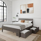Cama de matrimonio blanca/arcilla con cabecero de paneles y cajones de almacenamiento, para 2 personas