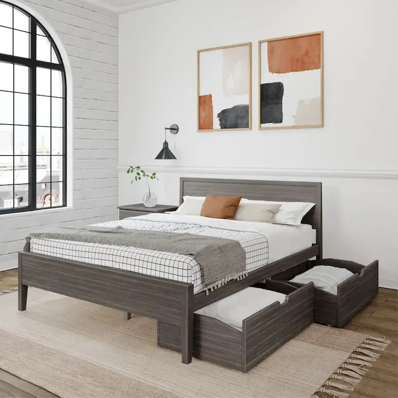 Cama de matrimonio blanca/arcilla con cabecero de paneles y cajones de almacenamiento, para 2 personas