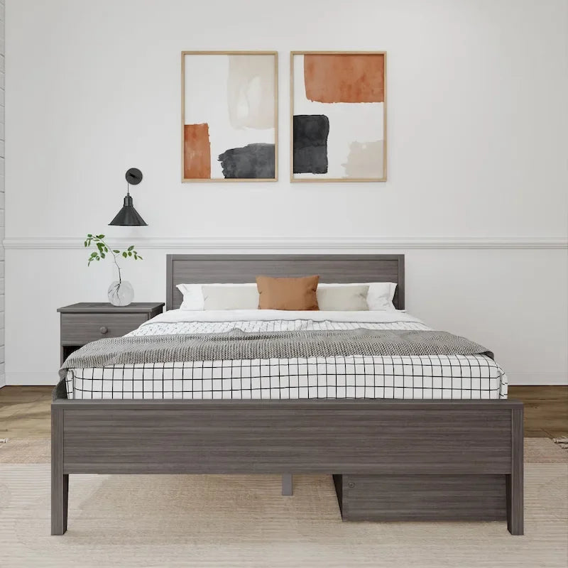 Cama de matrimonio blanca/arcilla con cabecero de paneles y cajones de almacenamiento, para 2 personas