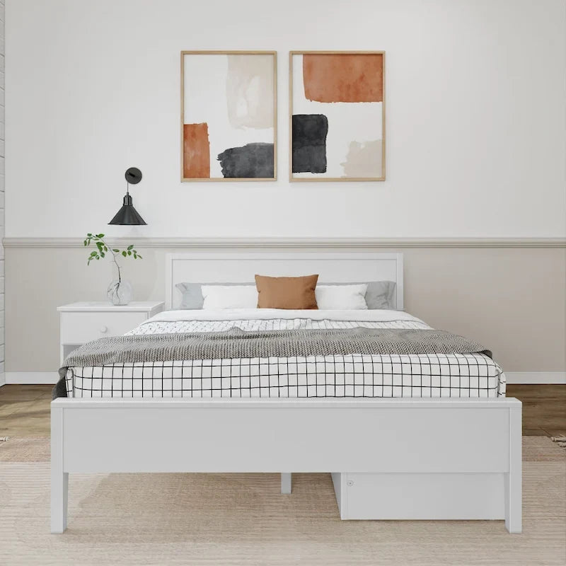 Cama de matrimonio blanca/arcilla con cabecero de paneles y cajones de almacenamiento, para 2 personas