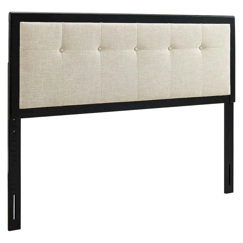 Cabecero tapizado capitoné king size beige - Marco de madera negra