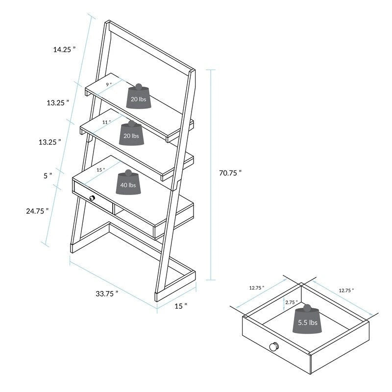 Escritorio tipo escalera bicolor blanco natural con cajón, para 1 persona