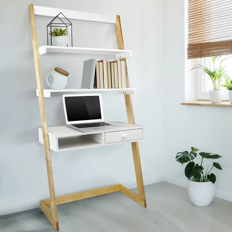 Escritorio tipo escalera bicolor blanco natural con cajón, para 1 persona