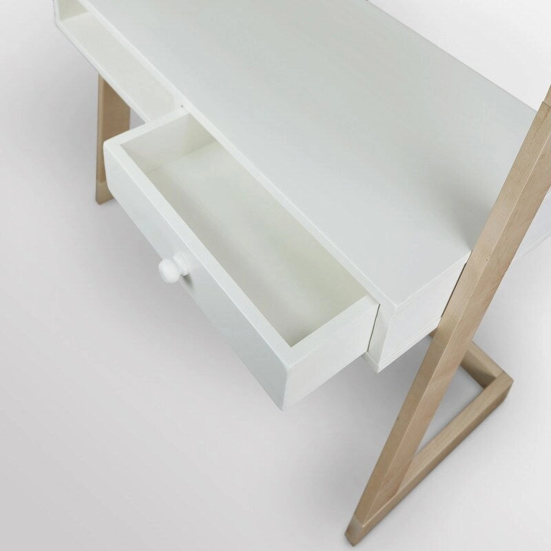 Escritorio tipo escalera bicolor blanco natural con cajón, para 1 persona