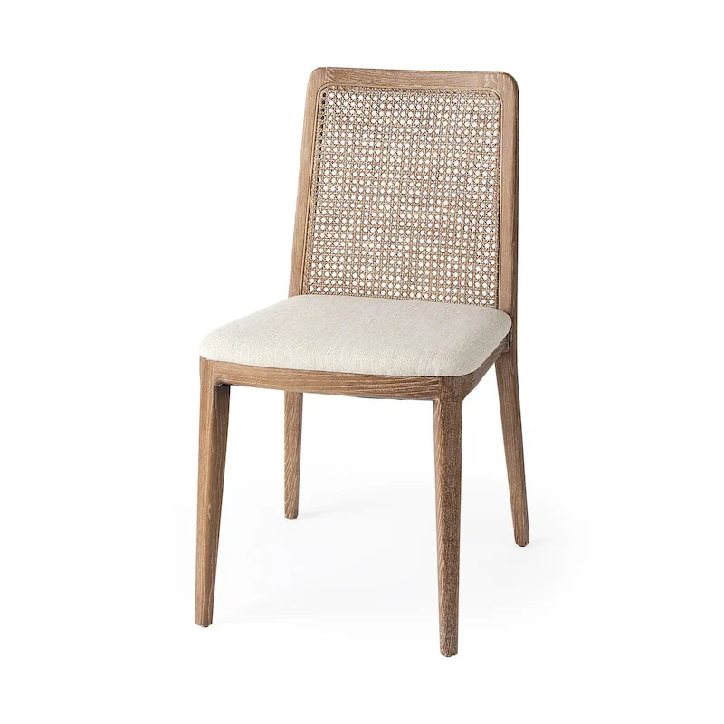 Silla de comedor sin brazos Clara con asiento crema y madera marrón claro