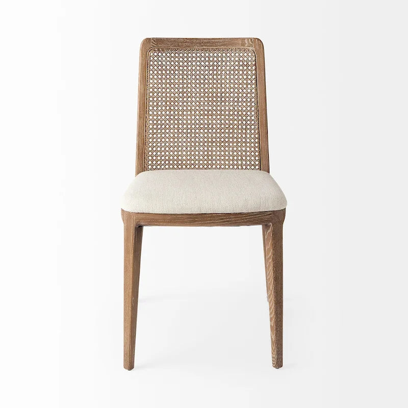 Silla de comedor sin brazos Clara con asiento crema y madera marrón claro