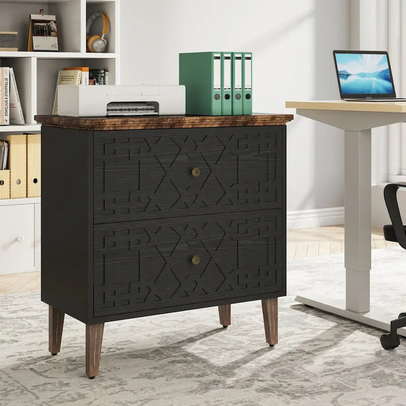 Lateral File Cabinet, 2 Drawer Filing Cabinet, Black Wood Storage Cabinet