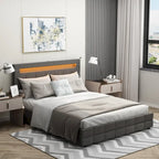 Cama de plataforma tapizada LED tamaño Queen gris con cajones de almacenamiento, para 2 personas