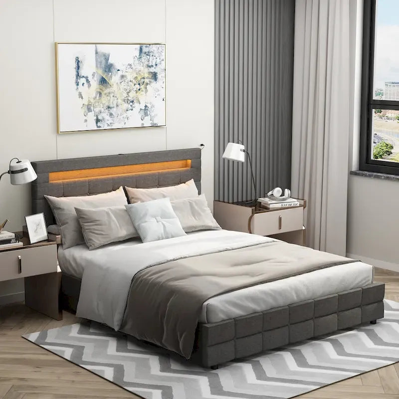 Cama de plataforma tapizada LED tamaño Queen gris con cajones de almacenamiento, para 2 personas