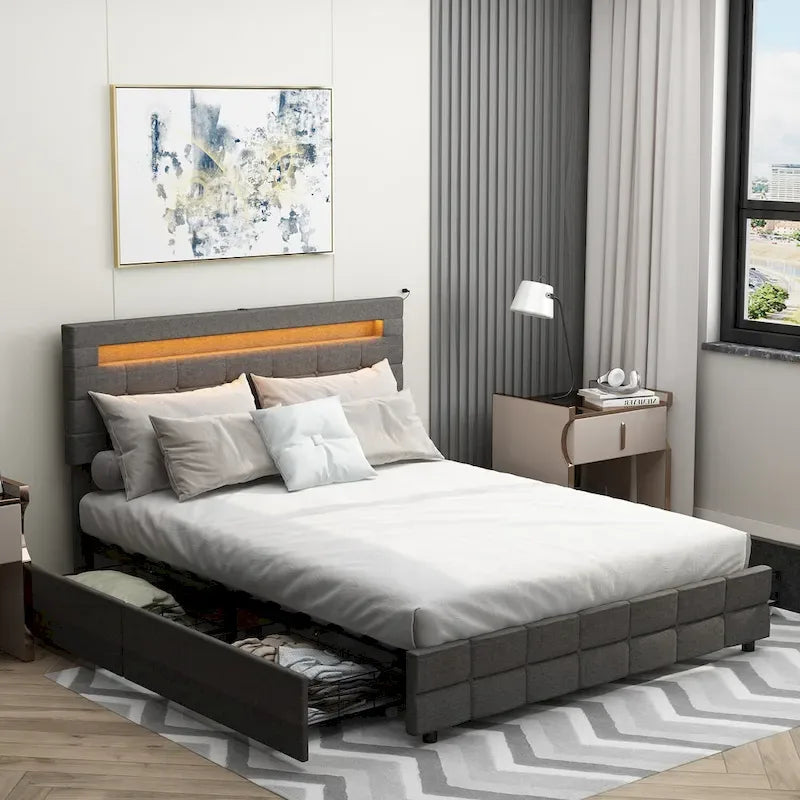 Cama de plataforma tapizada LED tamaño Queen gris con cajones de almacenamiento, para 2 personas