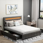 Cama de plataforma tapizada LED tamaño Queen gris con cajones de almacenamiento, para 2 personas