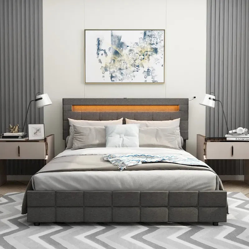 Cama de plataforma tapizada LED tamaño Queen gris con cajones de almacenamiento, para 2 personas