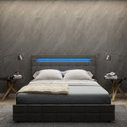 Cama de plataforma tapizada LED tamaño Queen gris con cajones de almacenamiento, para 2 personas