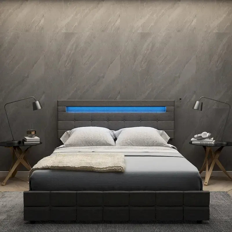 Cama de plataforma tapizada LED tamaño Queen gris con cajones de almacenamiento, para 2 personas