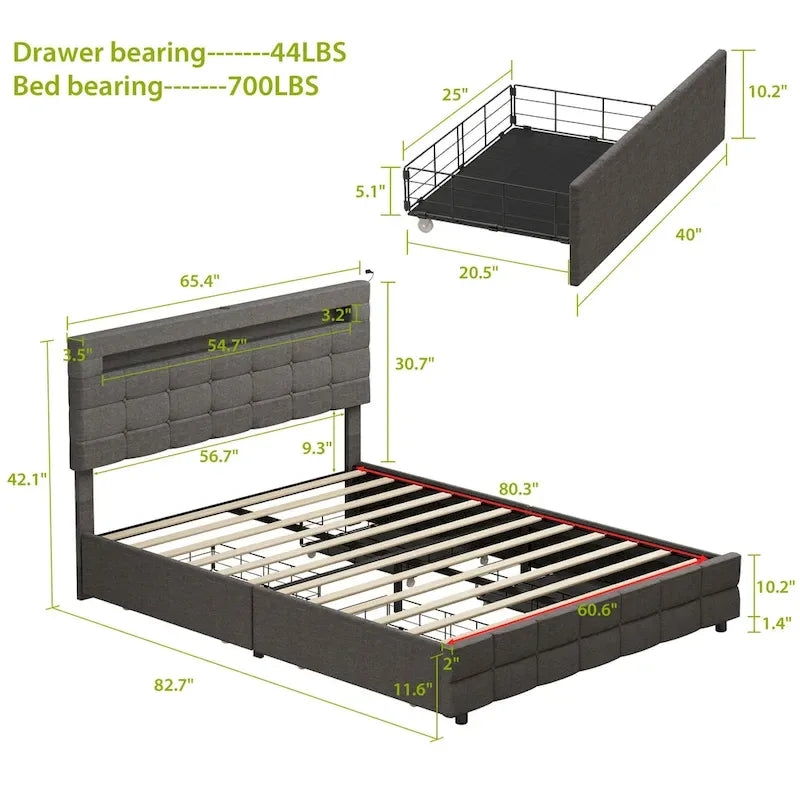 Cama de plataforma tapizada LED tamaño Queen gris con cajones de almacenamiento, para 2 personas