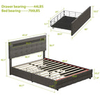 Cama de plataforma tapizada LED tamaño Queen gris con cajones de almacenamiento, para 2 personas
