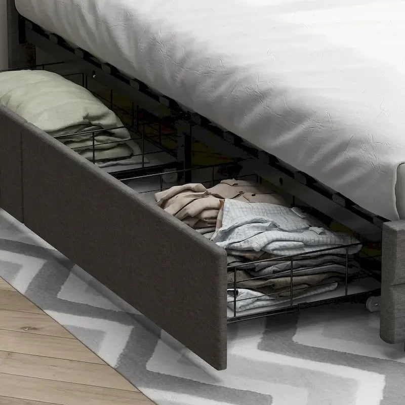Cama de plataforma tapizada LED tamaño Queen gris con cajones de almacenamiento, para 2 personas