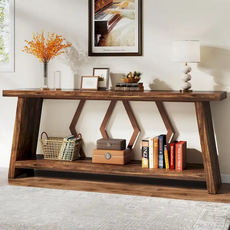 Mesa de sofá consola marrón de 70.9" con estantes de almacenamiento