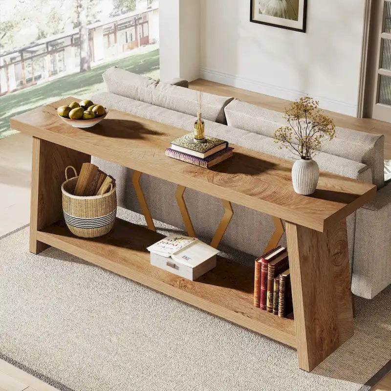 Mesa de sofá consola marrón de 70.9" con estantes de almacenamiento