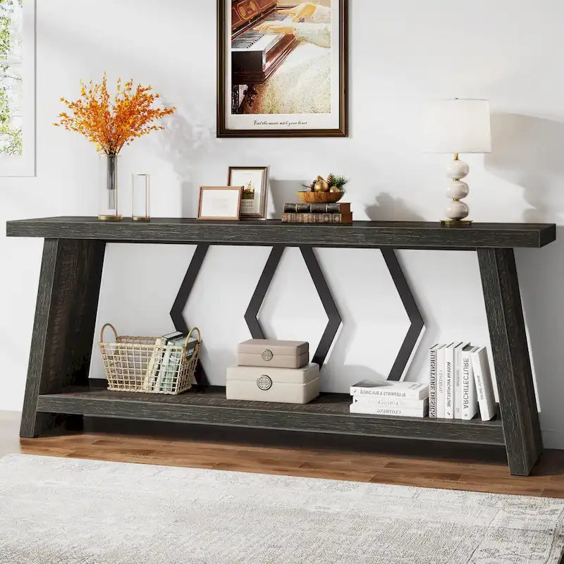 Mesa de sofá consola marrón de 70.9" con estantes de almacenamiento