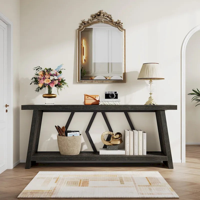 Mesa de sofá consola marrón de 70.9" con estantes de almacenamiento