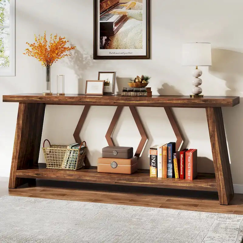 Mesa de sofá consola marrón de 70.9" con estantes de almacenamiento