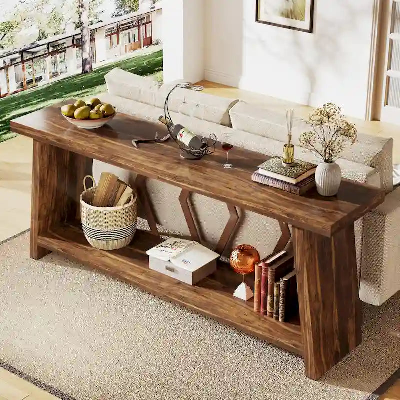 Mesa de sofá consola marrón de 70.9" con estantes de almacenamiento