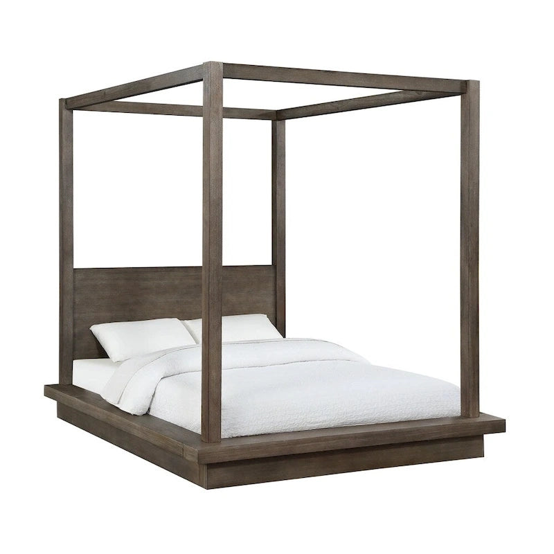 Estructura de cama King estilo dosel de pino oscuro