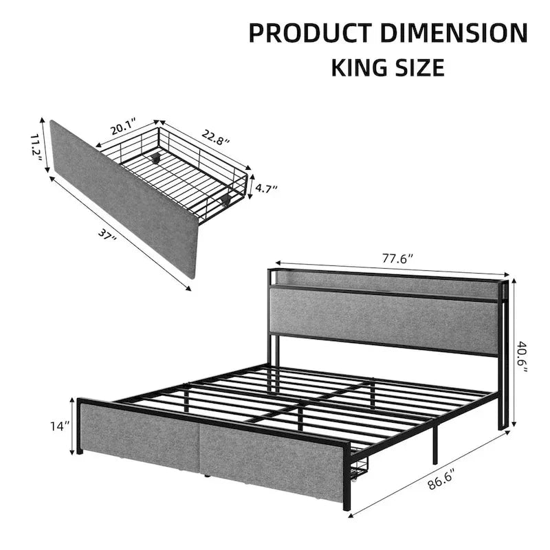 Cama Plataforma Gris King con Cajones de Almacenamiento y Estación de Carga, para 2 personas