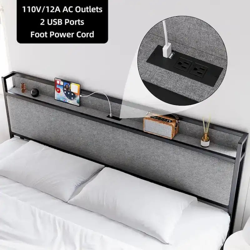 Cama Plataforma Gris King con Cajones de Almacenamiento y Estación de Carga, para 2 personas