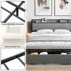 Cama Plataforma Gris King con Cajones de Almacenamiento y Estación de Carga, para 2 personas