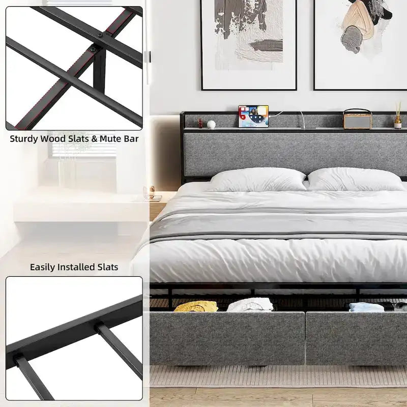 Cama Plataforma Gris King con Cajones de Almacenamiento y Estación de Carga, para 2 personas