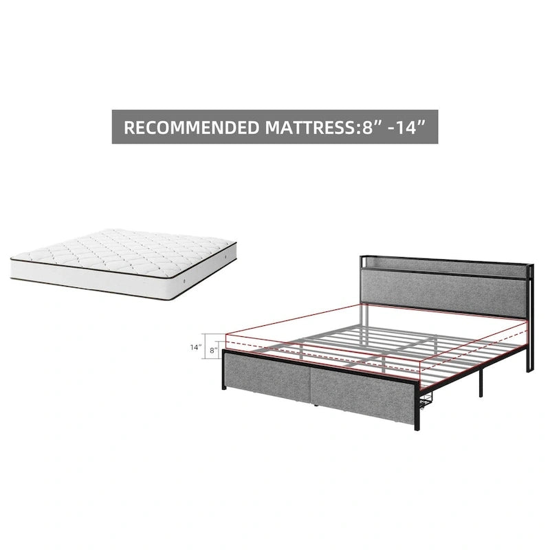 Cama Plataforma Gris King con Cajones de Almacenamiento y Estación de Carga, para 2 personas