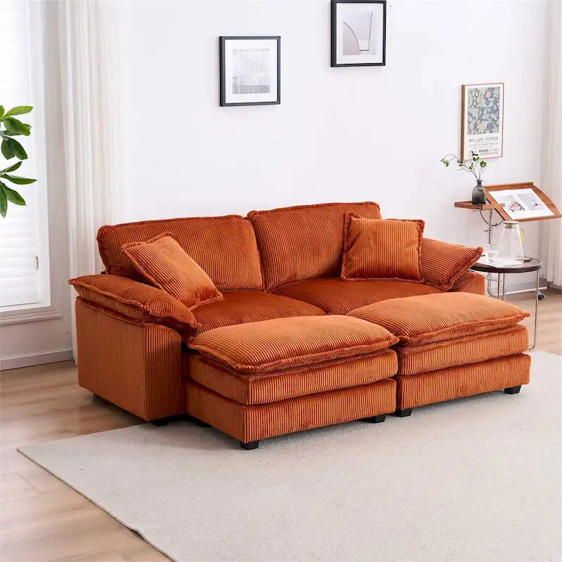 Sofá Loveseat de Pana Gris/Amarillo/Blanco/Naranja/Verde, de 2 Plazas, con 4 Cojines y 2 Otomanas