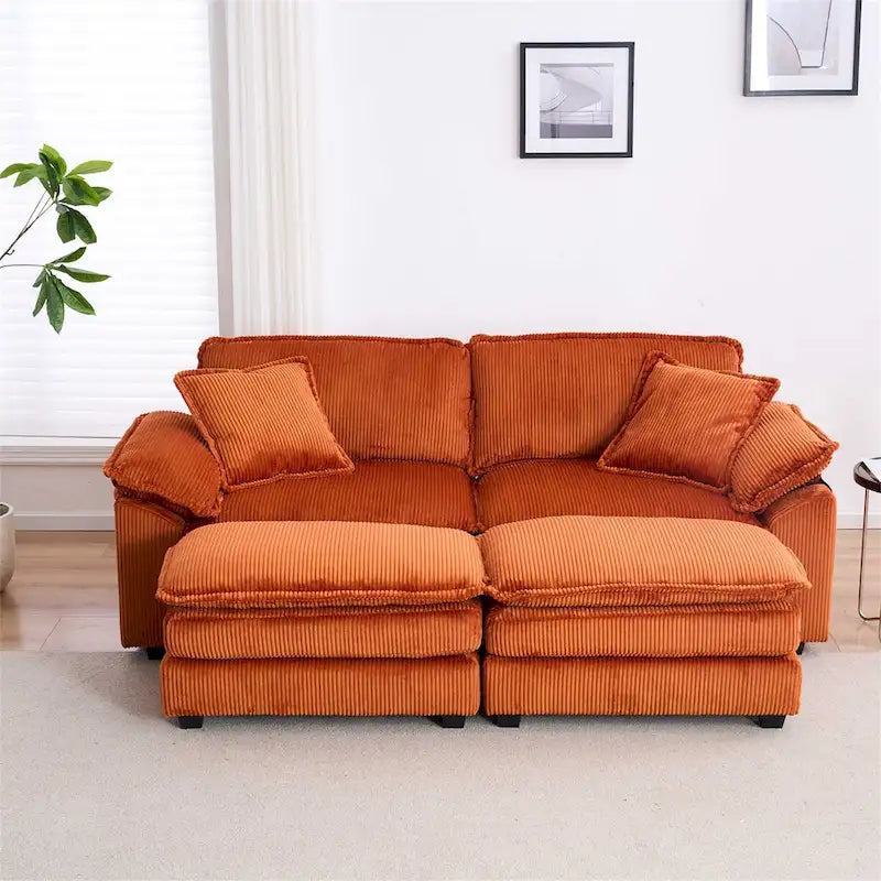 Sofá Loveseat de Pana Gris/Amarillo/Blanco/Naranja/Verde, de 2 Plazas, con 4 Cojines y 2 Otomanas