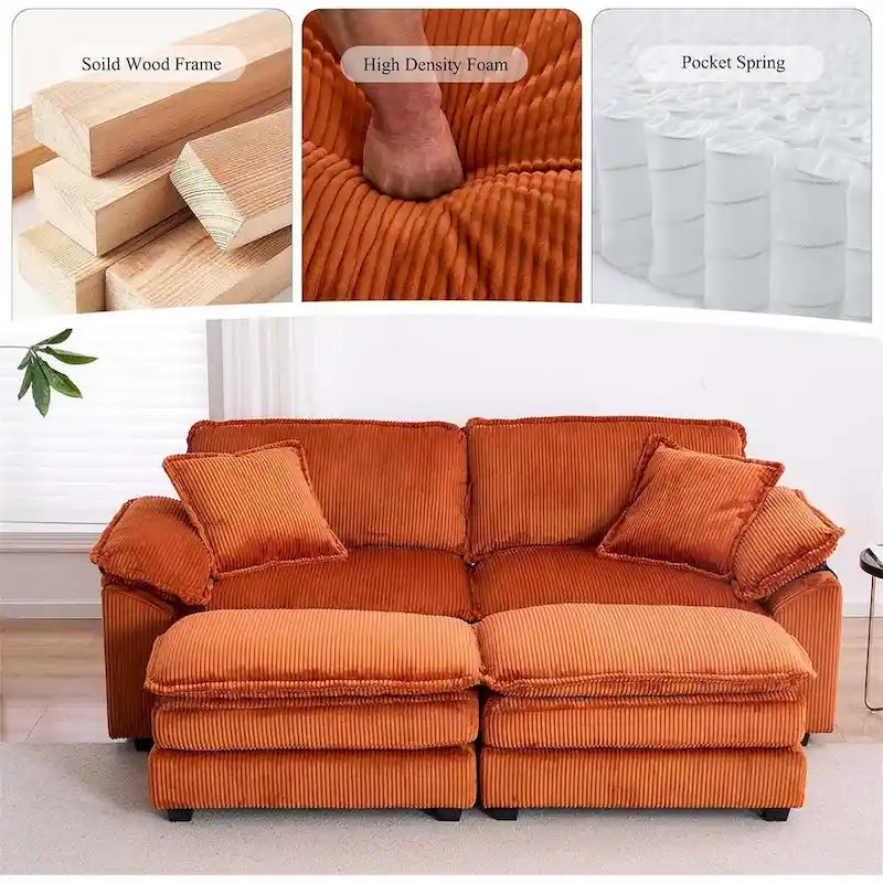 Sofá Loveseat de Pana Gris/Amarillo/Blanco/Naranja/Verde, de 2 Plazas, con 4 Cojines y 2 Otomanas